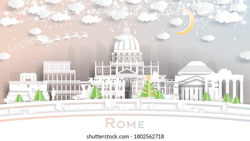 Rome Italy City Skyline in Paper Cut Style with Snowflakes, Moon and Neon Garland. Vector Illustration. Christmas and New Year Concept. Santa Claus on Sleigh.