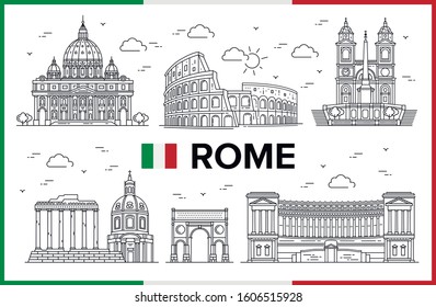 Rome, Italy. Coliseum, St. Peters Dome, Spanish Steps, Piazza Venezia, buildings and city sights. Vector illustration