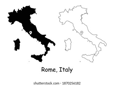Rome Italy. Detailed Country Map with Location Pin on Capital City. Black silhouette and outline maps isolated on white background. EPS Vector