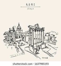 Rome, Italy, Europe. The Roman Forum. Vintage travel sketch, artistic drawing. Retro style touristic postcard, poster template or book illustration. EPS 10 vector