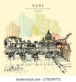 Rome, Italy, Europe. Tiber River, St. Angelo Bridge (Aelian Bridge, Pons Aelius, Bridge of Hadrian) and St. Peter's Basilica sketch. Vintage hand drawn travel postcard. EPS10 vector illustration