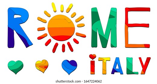 Rome, Italy, hearts. Multicolored bright colorful funny cartoon isolated illustration. Rome, Italy for posters, banners, flyers, cards, souvenirs, and prints on clothing, t-shirt. Stock vector image.