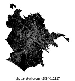 Rome, Italy, high resolution vector map with city boundaries, and editable paths. The city map was drawn with white areas and lines for main roads, side roads and watercourses on a black background.