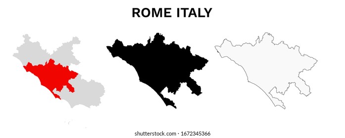Rome Italy Map - Blank Map of Rome Province in Lazio Region Vector Illustration Set Black Silhouette and Outline