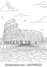 Rome Italy roman colosseum line art drawing for kids and adults coloring book
