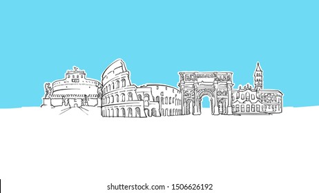 Rome Italy Skyline Panorama Vector Sketch. Hand-drawn Illustration on blue background.