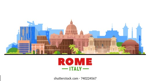 Rome ( Italy ) skyline with panorama in white background. Vector Illustration. Business travel and tourism concept with modern buildings. Image for presentation, banner, web site.