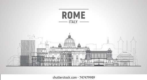 Rome ( Italy ) skyline with panorama in white background. Vector Illustration. Business travel and tourism concept with modern buildings. Image for presentation, banner, web site.