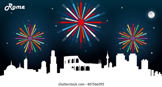 Rome Italy skyline silhouette, dark night sky with fireworks vector design