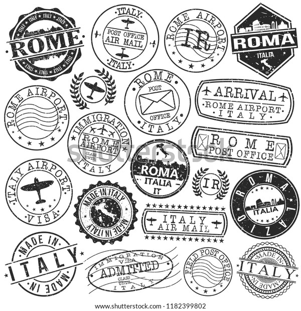 Rome Italy Stamp Vector Art Postal Passport. Icon Travel Design Set