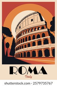 Rome, Italy travel destination poster in retro style. Flt vector colorful illustration