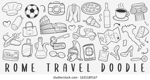 Rome Italy Travel Doodle Line Art Illustration. Hand Drawn Vector Clip Art. Banner Set Logos.