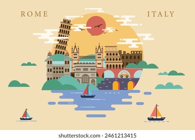 Rom Italien Urbane Landschaft im geometrischen Minimal-Flat-Stil, Rom Italien Flat Design Stadtlandschaft Illustration