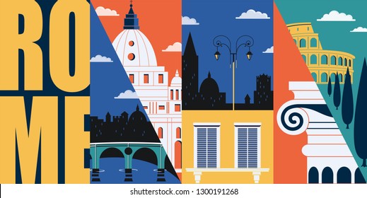 Rome, Italy vector banner, illustration. City skyline, historical buildings in modern flat design style. Italian ancient landmarks. 