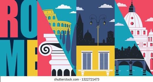 Rome, Italy vector banner, illustration. Cityscape, historical landmarks in modern flat design style. Close up of Italian architecture 