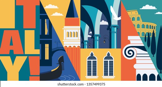 Rome, Italy vector banner, illustration. Cityscape, landmarks in modern flat design style. Italian architecture, Venice, colonnade 