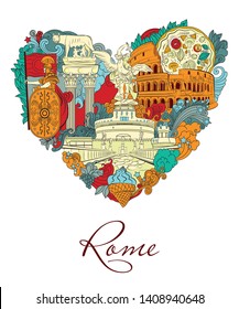 Rome, Italy, vector illustration, postcard. Travel to Rome - a modern element for graphic design with Italian sights - the Coliseum, the Capitoline she-wolf, the Castle of the Holy Angel.