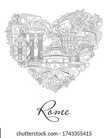 Rome, Italy, vector relaxation coloring book. Travel to Rome - a modern graphic design element with Italian landmarks - the Colosseum, Capitoline Wolf, Castle of Saint Angel.