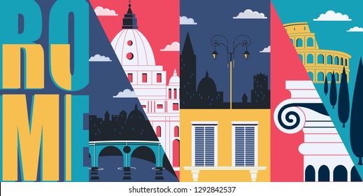 Rome, Italy vector skyline illustration, postcard. Travel to Rome modern flat graphic design element with Italian landmarks - Colosseum, cathedral, city views 