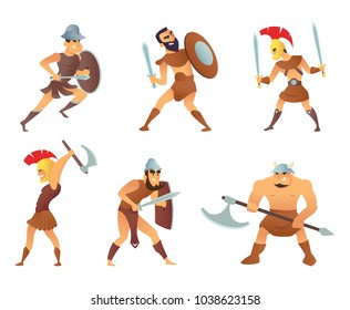 Rome knights or gladiators in different action poses. Gladiator and knight warrior, soldier in helmet with shield, vector illustration