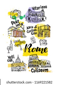 Rome Landmark Vector Sketch Set. Famous historical landmark