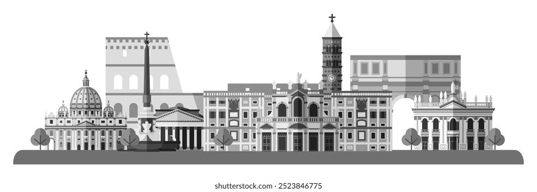 Rome landmarks. Italy capital skyline background for postcard, banner, poster. Rome cityscape. Italian world famous architectural sightseeing. Graphic flat vector illustration in white-gray colors.