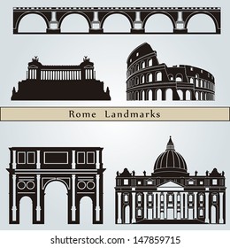 Rome landmarks and monuments isolated on blue background in editable vector file