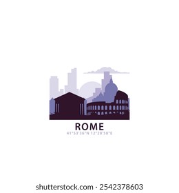 Rome logo with skyline, cityscape retro vector icon. Italy city horizon, facade, travel logotype