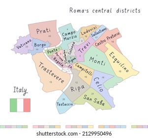 Rome map. Central districts of Rome, capital of Italy.  Trastevere, Monti, Trevi, Vatican, etc. Nice for tourists and guides. Clear hand drawn lettering, colorful style. All lines are editable stroke