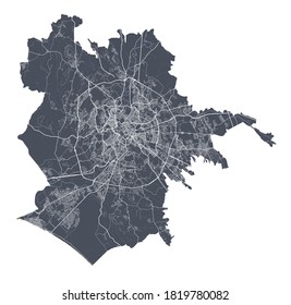 Rome map. Detailed vector map of Rome city administrative area. Cityscape poster metropolitan aria view. Dark land with white streets, roads and avenues. White background.