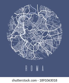 Rome map poster. Decorative design street map of Rome city. Cityscape aria panorama silhouette aerial view, typography style. Land, river, highways, avenue. Round circular vector illustration.