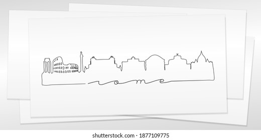 Rome, Metropolitan City of Rome, Italy Doodle Skyline Hand Drawn. City One Line Art Illustration Landmark. Minimalistic Sketch Pen Background.