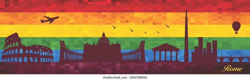 Rome on LGBT flag background - illustration, 
Town in Rainbow background, 
Vector city skyline silhouette