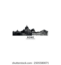 Rome panorama, vector badge, skyline logo and icon. Italy capital city horizon logotype with landmarks and building silhouettes. Isolated foggy abstract gradient graphic