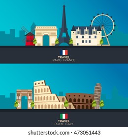 Rome and Paris. Tourism. Travelling illustration Rome and Paris city. Modern flat design. Italy travel. France