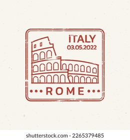 Diseño de sellos de goma romana con textura gruesa. Viaje, icono del pasaporte o sello con el Coliseo. Símbolo italiano con el logotipo de coliseo. Ilustración vectorial.