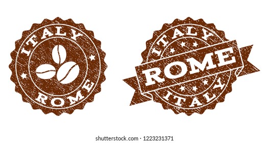 Rome rubber stamps. Vector seals in chocolate color with round, ribbon, rosette, coffee bean elements. Grainy design and dust texture are used for Rome rubber imprints.