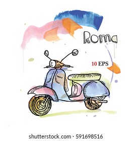 Rome. Scooter. card. Imitation of watercolor