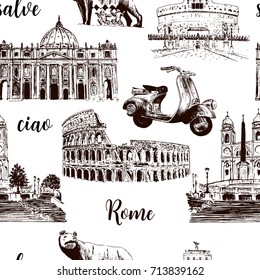 Rome sightseeing seamless pattern set. vector sketch. For prints, textile, advertising, Cityscape, gifts