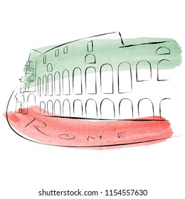 Rome. A simple sketch of the logo. The Colosseum is painted in watercolors in national colors