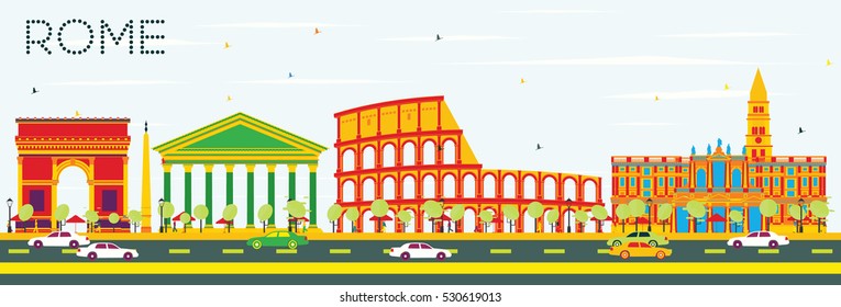Rome Skyline with Color Buildings and Blue Sky. Vector Illustration. Business Travel and Tourism Concept with Historic Architecture. Image for Presentation Banner Placard