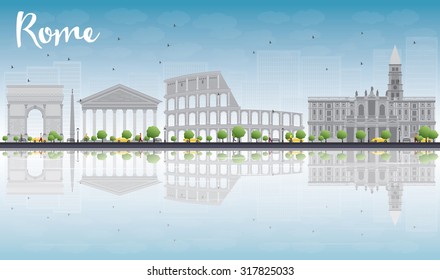 Horizonte de Roma com marcos cinza, céu azul e reflexões. Ilustração vetorial. Viagens de negócios e conceito de turismo com edifícios históricos. Imagem para apresentação, banner, cartaz e site.