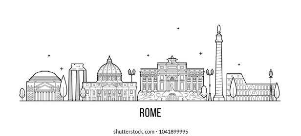 Rome skyline, Italy. This illustration represents the city with its most notable buildings. Vector is fully editable, every object is holistic and movable