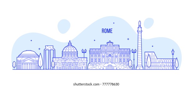 Rome skyline, Italy. This illustration represents the city with its most notable buildings. Vector is fully editable, every object is holistic and movable