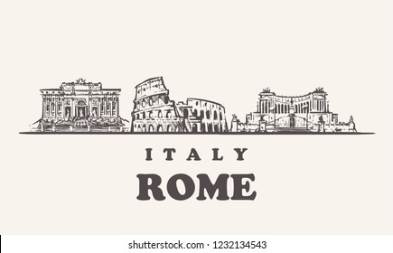 Rome skyline, Italy vintage vector illustration, hand drawn buildings of Rome on white background.