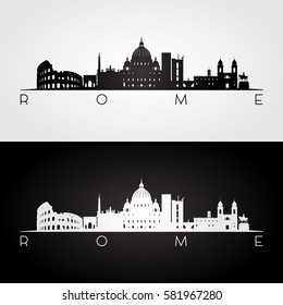 Rome skyline and landmarks silhouette, black and white design, vector illustration.