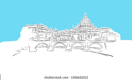 Rome Skyline Panorama Vector Sketch. Hand-drawn Illustration on blue background.