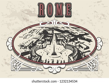 Rome skyline Vatican hand drawn sketch. Rome in a decorative vintage frame.