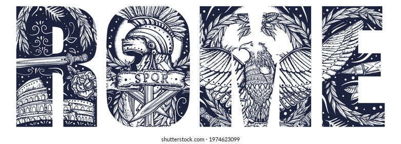Rome slogan. Ancient roman eagle, spartan helmet, sword and shield, Colosseum. History of Italy. Double exposure lettering. Typography art. Tattoo style. Vector graphics 