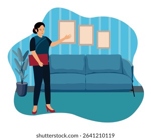 Rome staging concept. A woman pointing towards wall art in a stylish living room with modern furniture and decor, evoking themes of creativity, professionalism, and interior design.